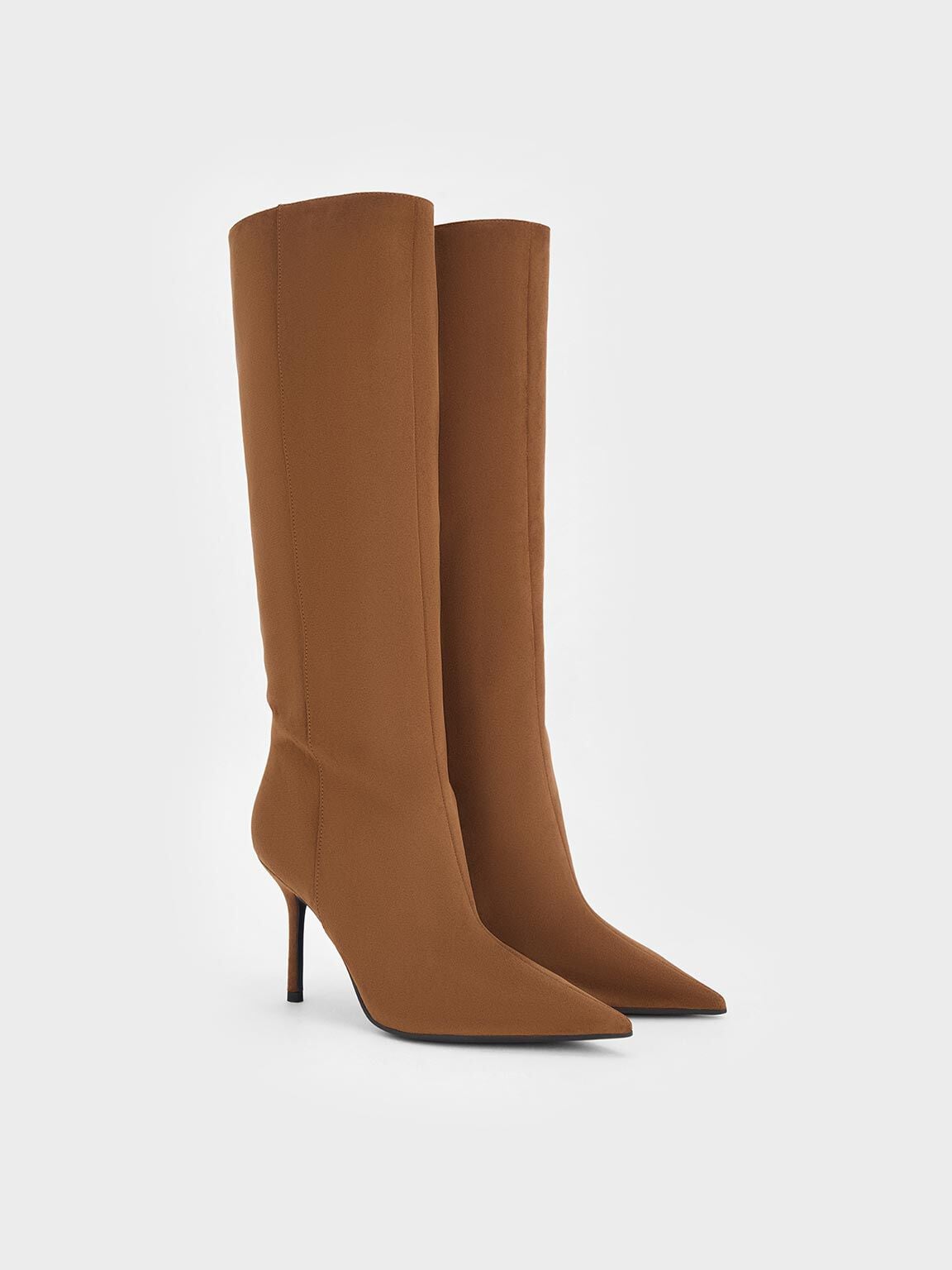 CHARLES & KEITH Sale | Faux Suede Pointed Stiletto Knee-High Boots - Cognac