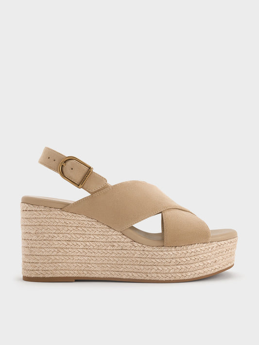 CHARLES & KEITH Great Value | Faux Suede Crossover Espadrille Wedges - Sand