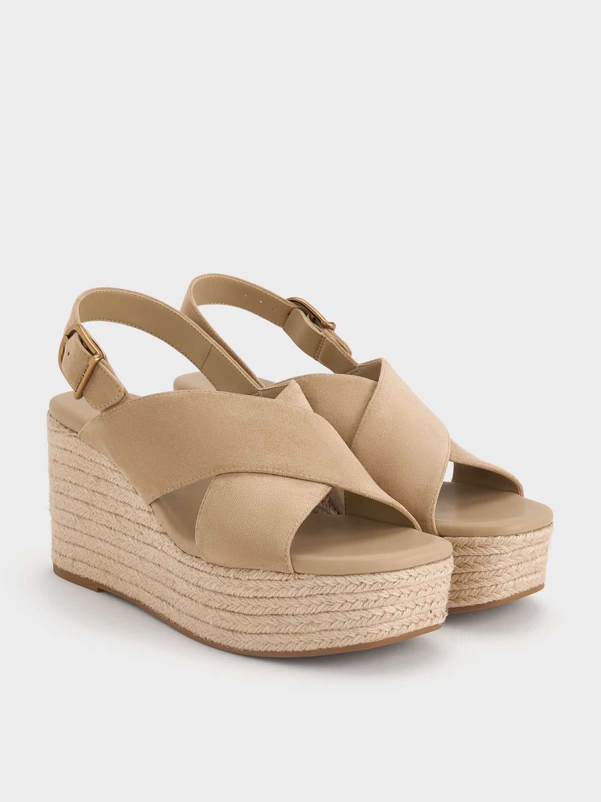 CHARLES & KEITH Great Value | Faux Suede Crossover Espadrille Wedges - Sand