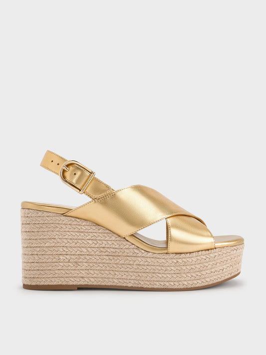 CHARLES & KEITH Featured | Metallic Crossover Espadrille Wedges - Gold
