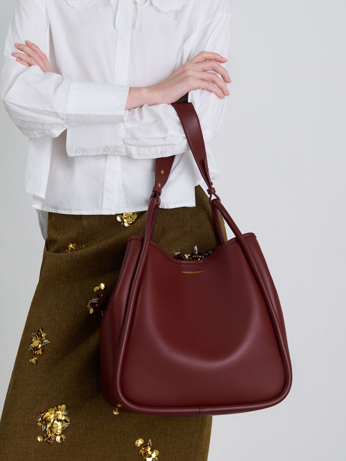 CHARLES & KEITH Essential | Lyla Tubular Slouchy Tote Bag - Mulberry Plum