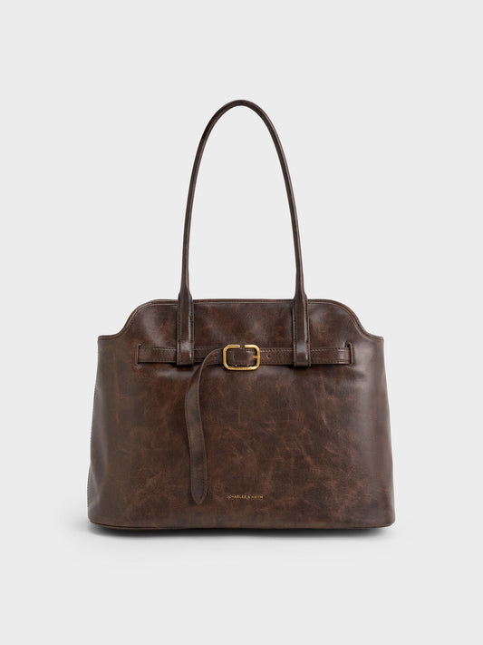CHARLES & KEITH Discount | Victoria Belted Tote Bag - Distressed Coffee