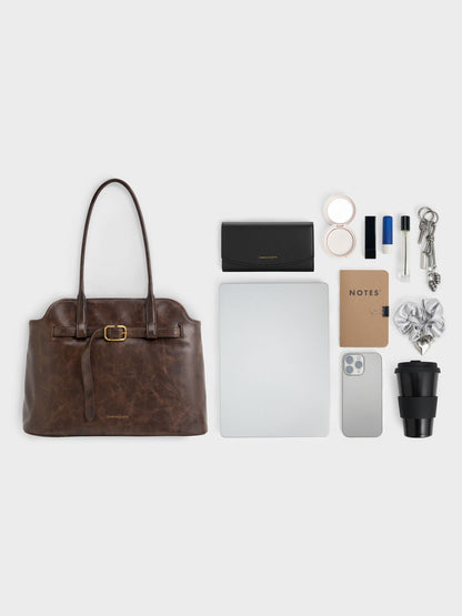 CHARLES & KEITH Discount | Victoria Belted Tote Bag - Distressed Coffee