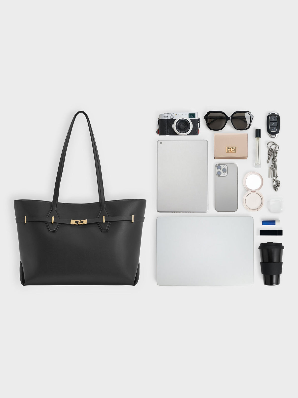 CHARLES & KEITH Latest | Arlet Double-Handle Belted Tote bag - Black