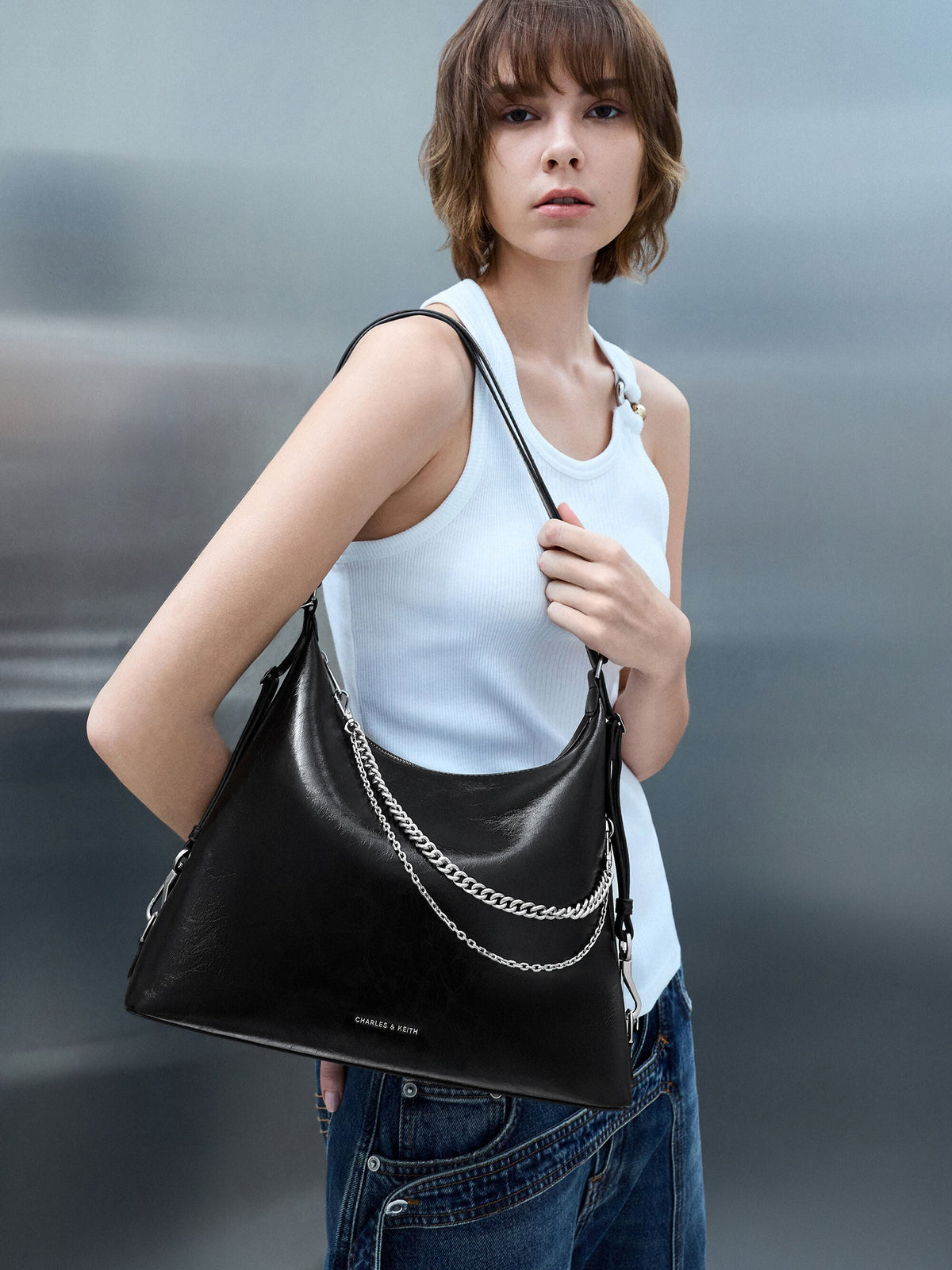 CHARLES & KEITH Popular | Atwood Chain Convertible Hobo Bag - Noir