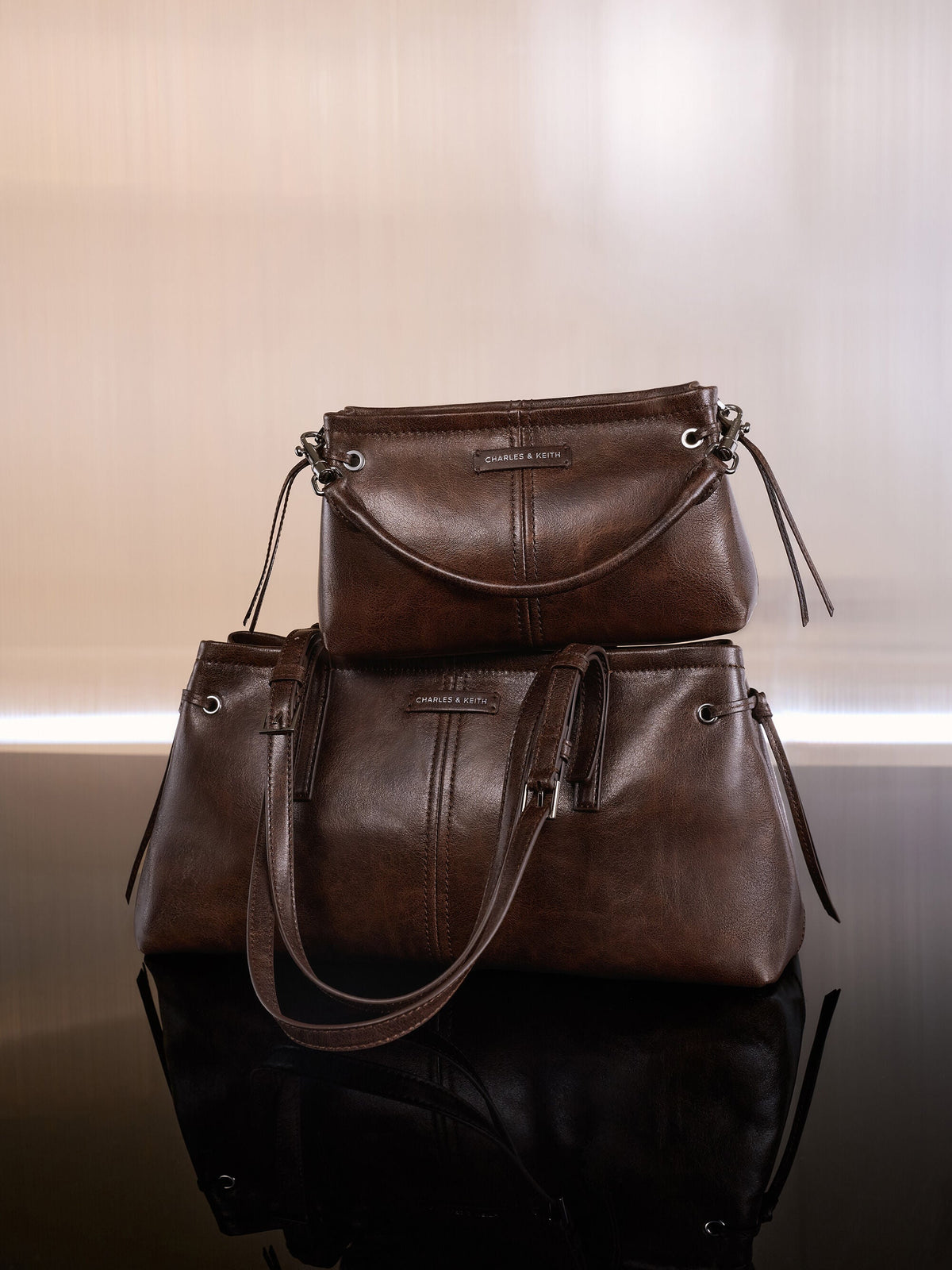 CHARLES & KEITH Trusted | Noane Elongated-Handle Shoulder Bag - Distressed Coffee