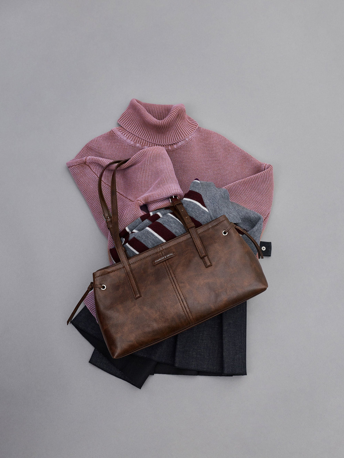 CHARLES & KEITH Trusted | Noane Elongated-Handle Shoulder Bag - Distressed Coffee