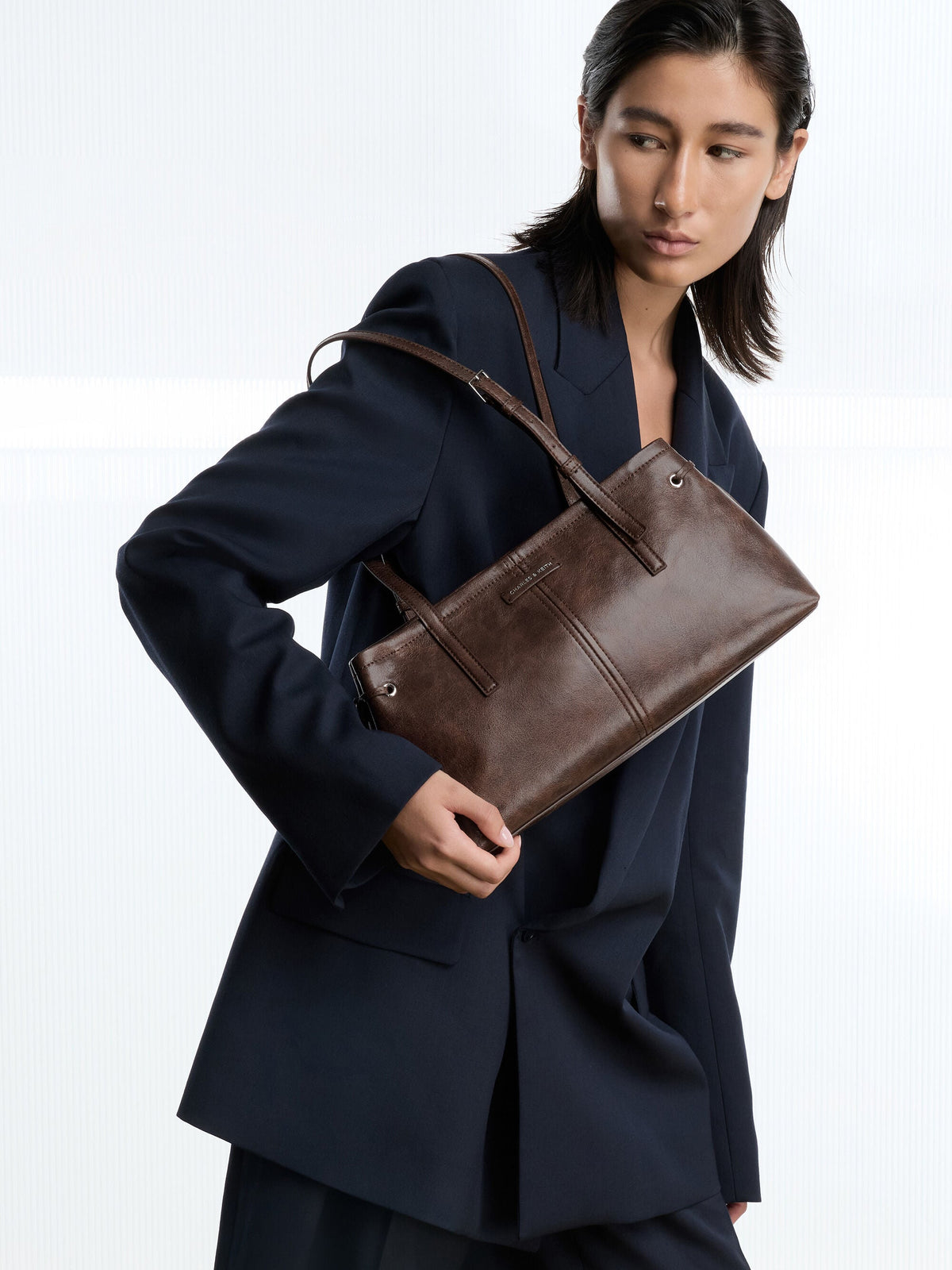 CHARLES & KEITH Trusted | Noane Elongated-Handle Shoulder Bag - Distressed Coffee