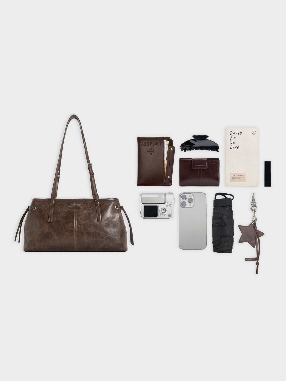 CHARLES & KEITH Trusted | Noane Elongated-Handle Shoulder Bag - Distressed Coffee
