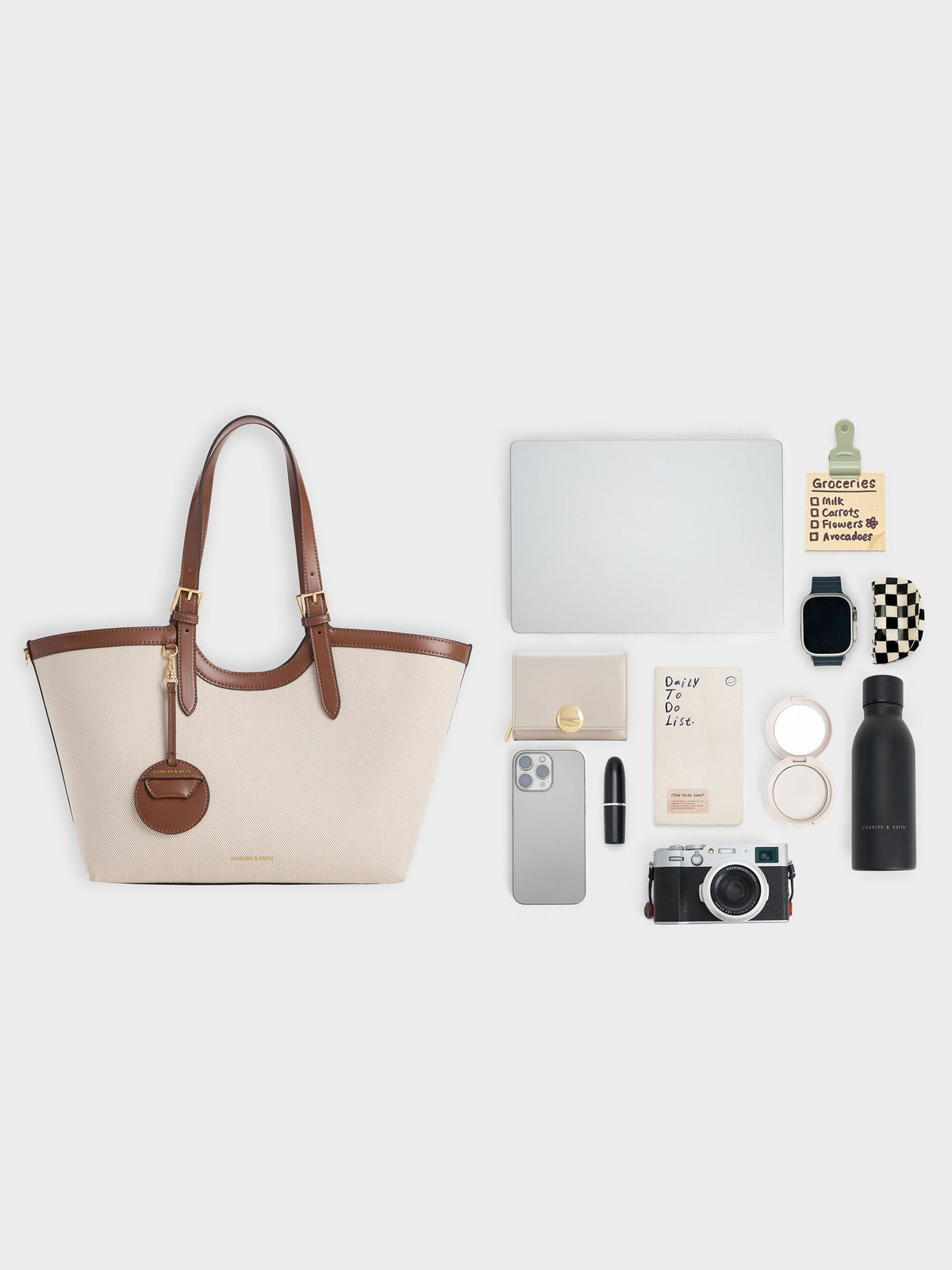 CHARLES & KEITH Classic | XL Enola Canvas Tote Bag - Chocolate