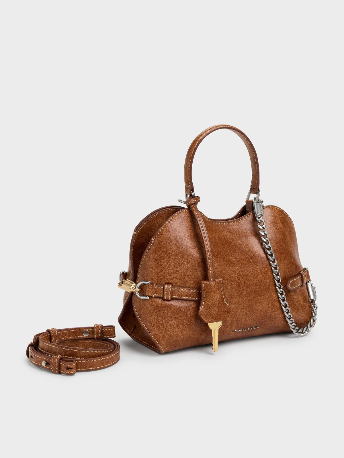 CHARLES & KEITH Trusted | Delfina Chain Side-Belt Tote Bag - Distressed Tan
