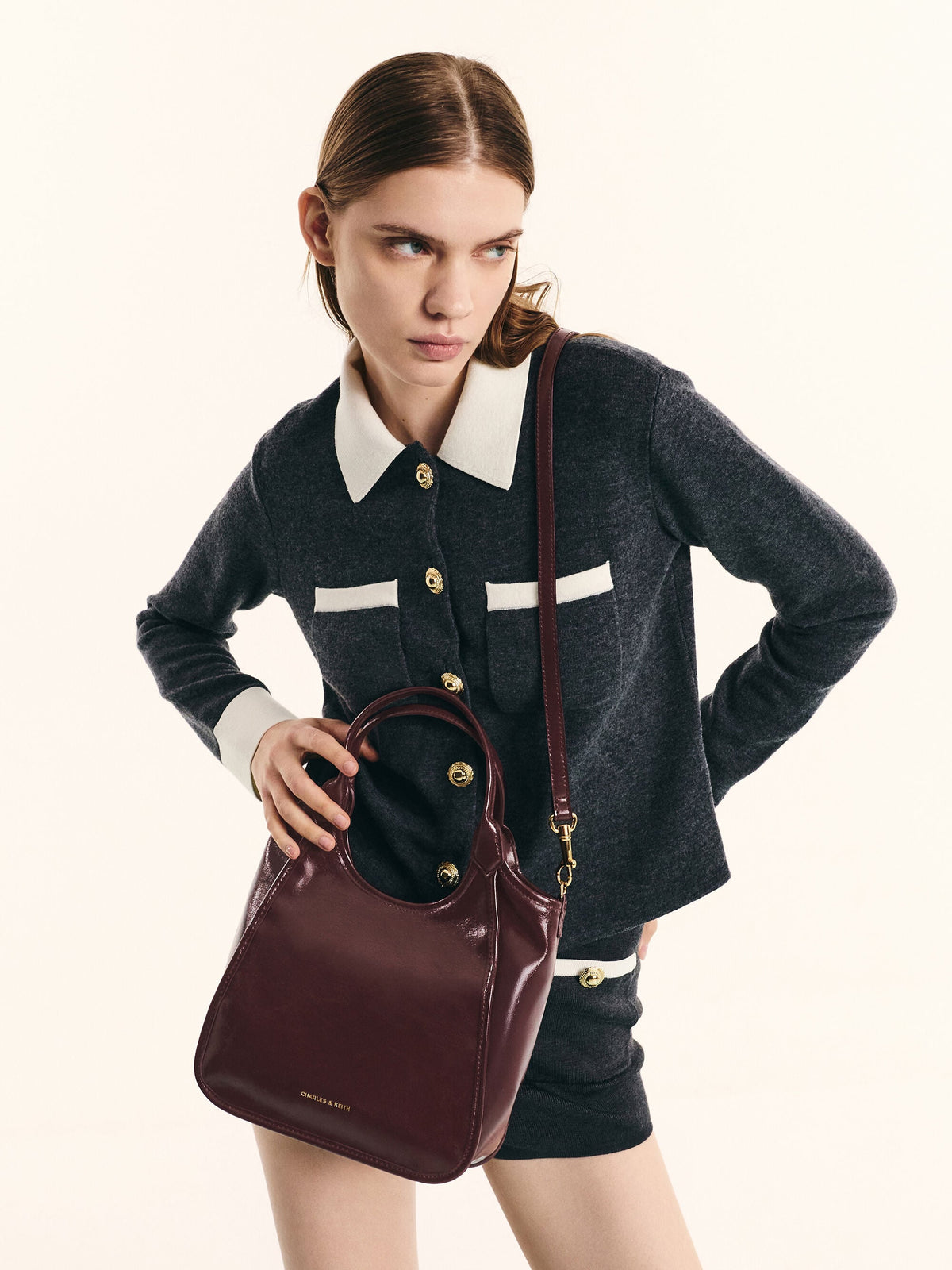 CHARLES & KEITH Great Value | Mini Sianna Crinkle-Effect Slouchy Tote Bag - Wineberry Red