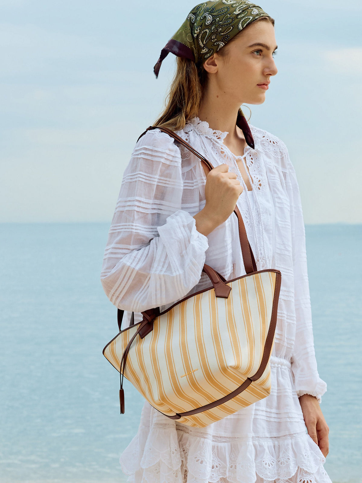 CHARLES & KEITH Discount | Large Ivanna Canvas Striped Tote Bag - Butterscotch Yellow