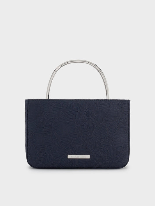 CHARLES & KEITH Classic | Jennis Lace & Satin Top Handle Bag - Dark Blue Textured
