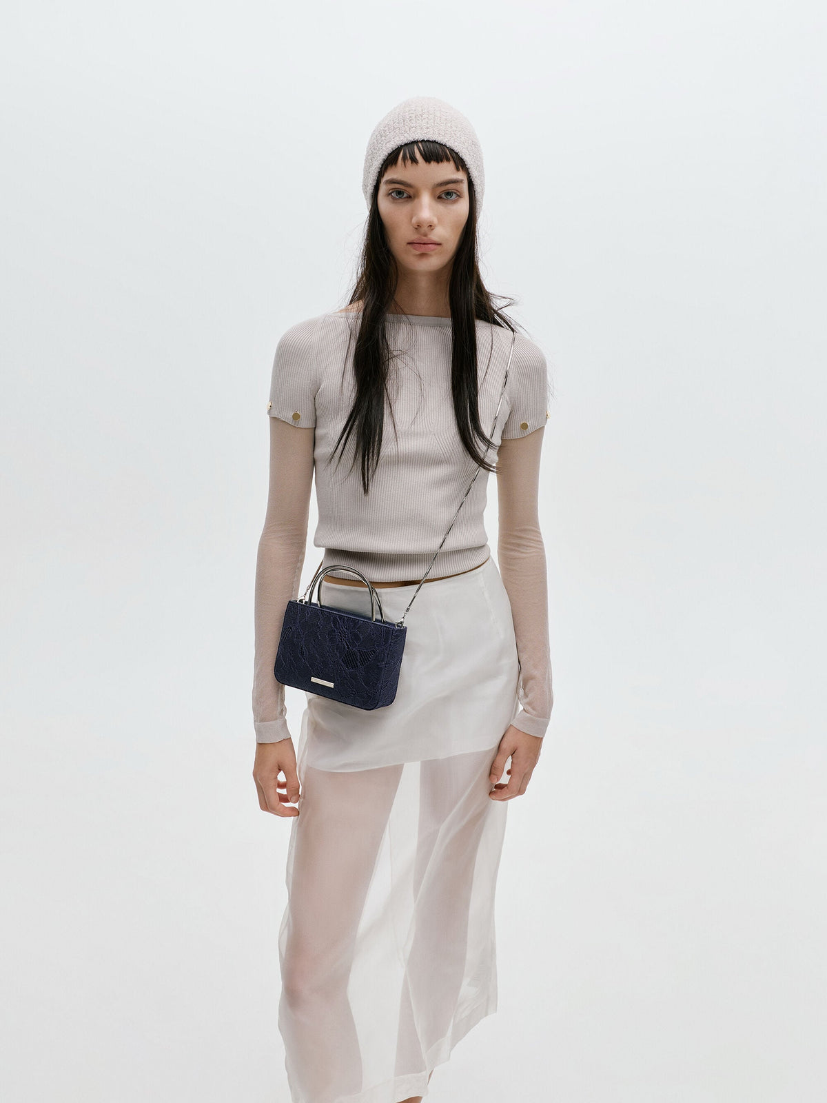 CHARLES & KEITH Classic | Jennis Lace & Satin Top Handle Bag - Dark Blue Textured
