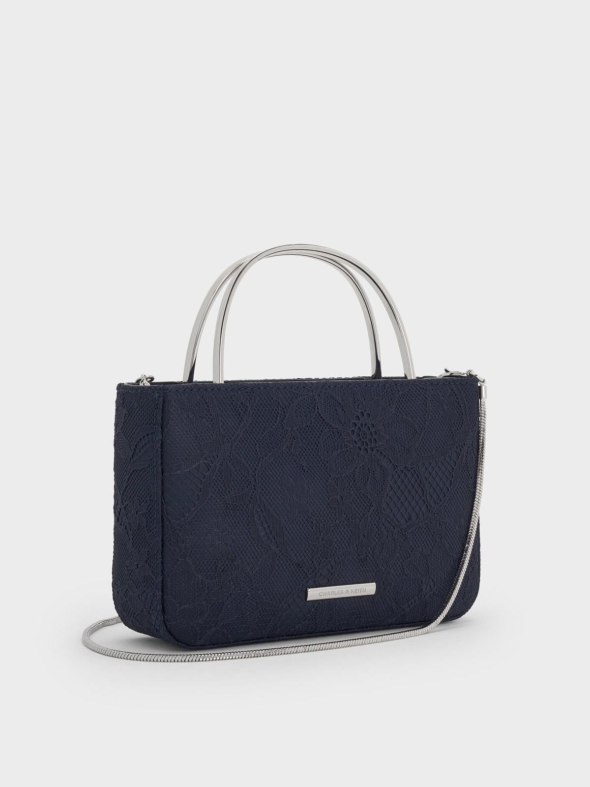 CHARLES & KEITH Classic | Jennis Lace & Satin Top Handle Bag - Dark Blue Textured