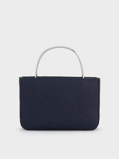 CHARLES & KEITH Classic | Jennis Lace & Satin Top Handle Bag - Dark Blue Textured