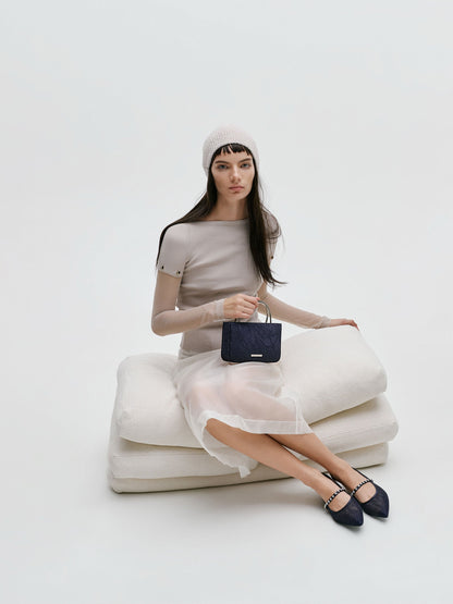 CHARLES & KEITH Classic | Jennis Lace & Satin Top Handle Bag - Dark Blue Textured