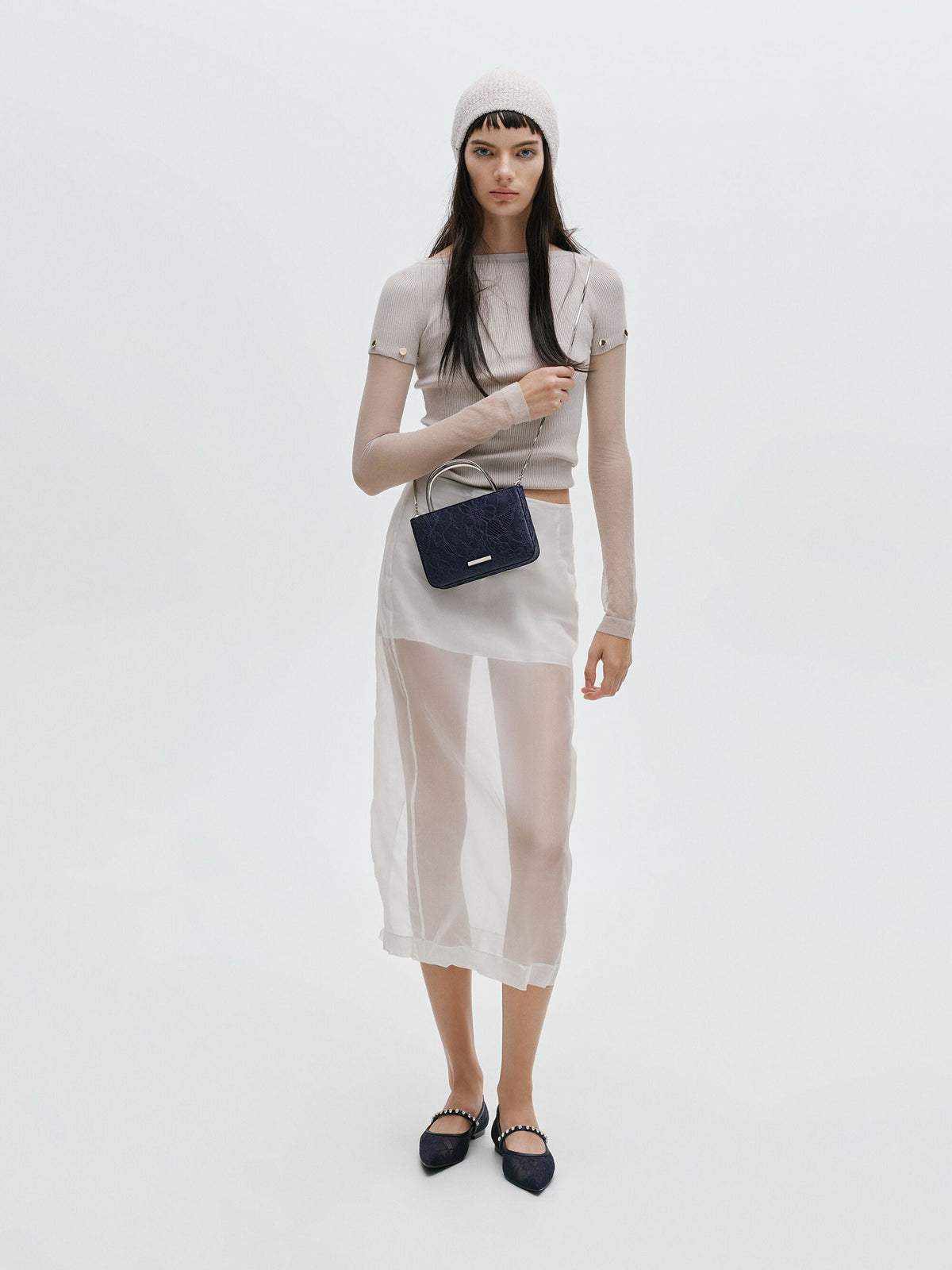 CHARLES & KEITH Classic | Jennis Lace & Satin Top Handle Bag - Dark Blue Textured
