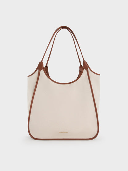 CHARLES & KEITH Essential | Sianna Canvas Contrast-Trim Tote Bag - Taupe Canvas