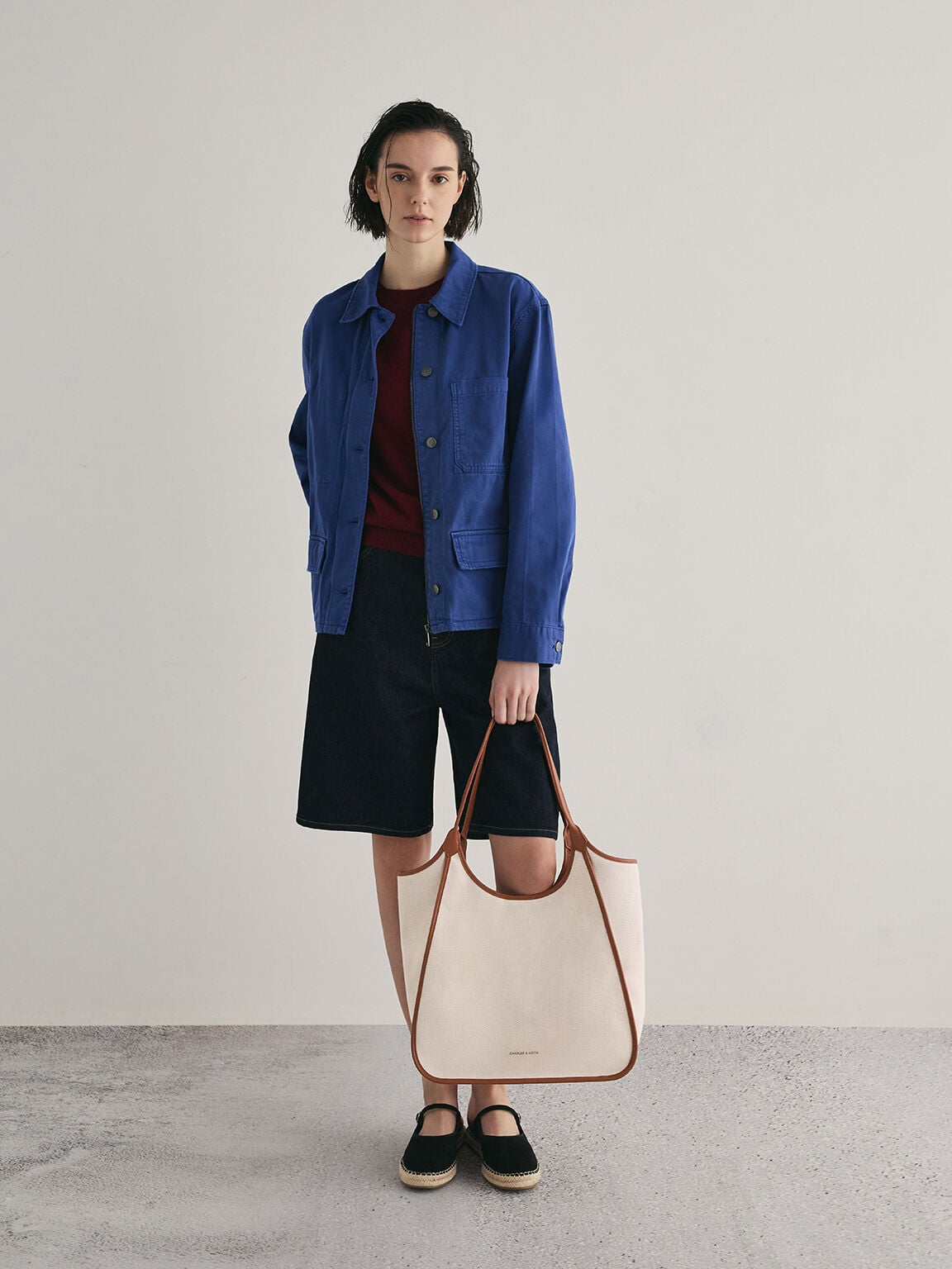 CHARLES & KEITH Essential | Sianna Canvas Contrast-Trim Tote Bag - Taupe Canvas