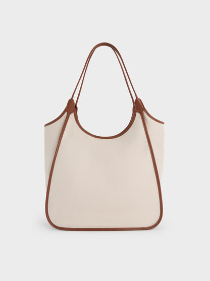 CHARLES & KEITH Essential | Sianna Canvas Contrast-Trim Tote Bag - Taupe Canvas