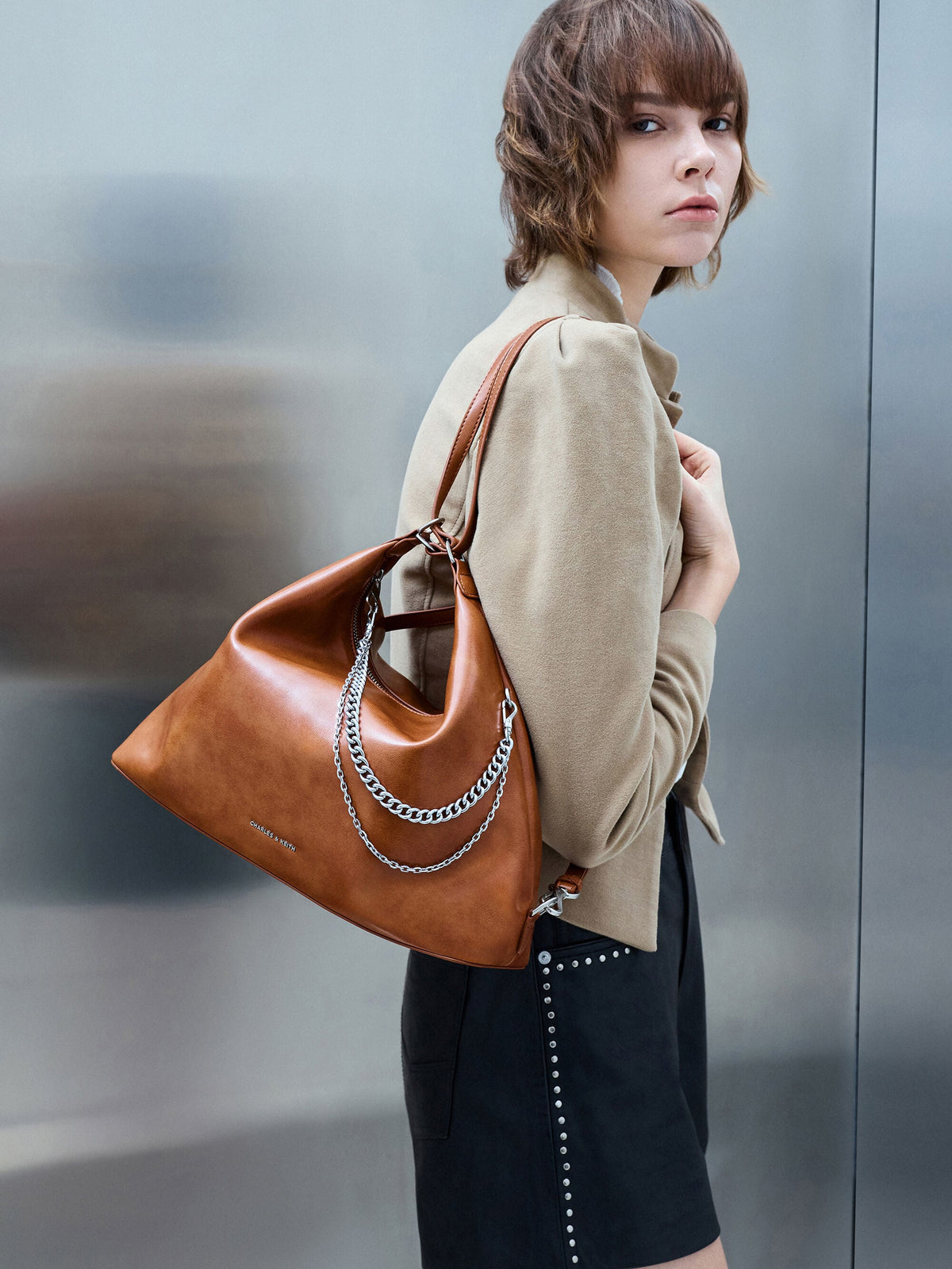 CHARLES & KEITH Featured | Atwood Chain Convertible Hobo Bag - Distressed Tan