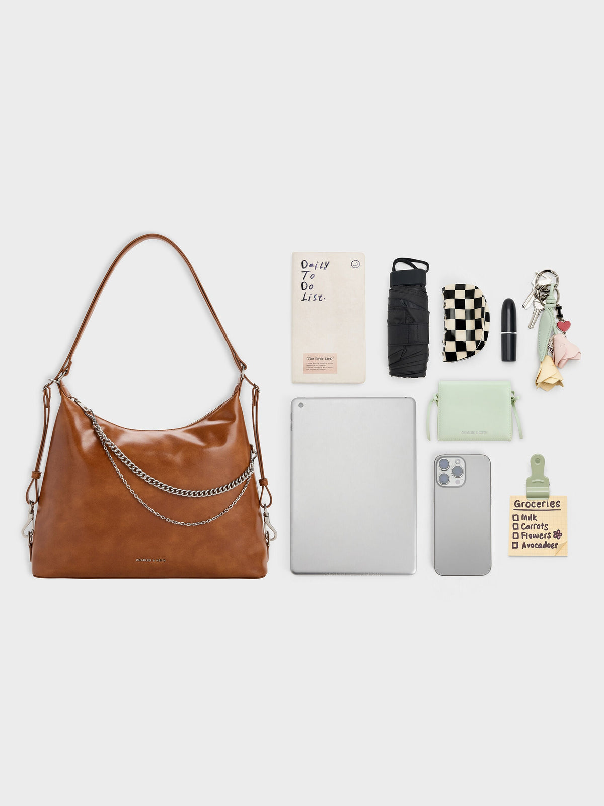 CHARLES & KEITH Featured | Atwood Chain Convertible Hobo Bag - Distressed Tan