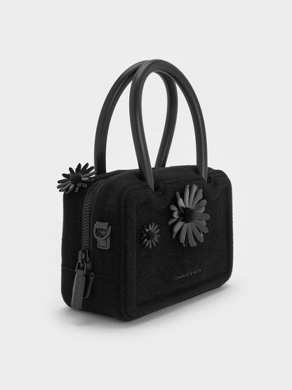 CHARLES & KEITH Value | Perline Boxy Top Handle Bag With Floral Appliques - Jet Black