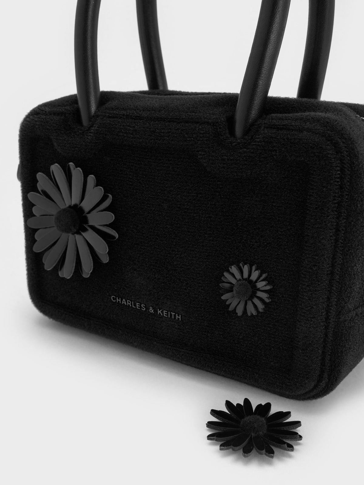 CHARLES & KEITH Value | Perline Boxy Top Handle Bag With Floral Appliques - Jet Black