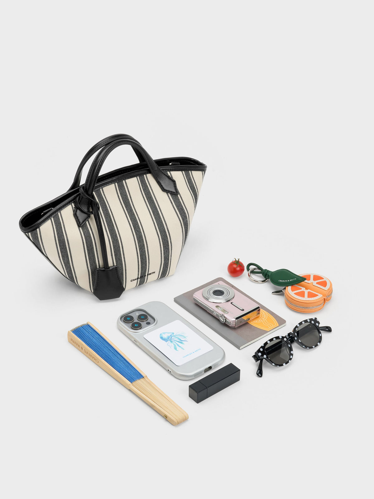 CHARLES & KEITH Smart Buy | Mini Ivanna Canvas Striped Tote Bag - Noir