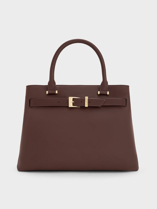 CHARLES & KEITH Best Seller | Voyager Leather Belted Tote Bag - Dark Brown