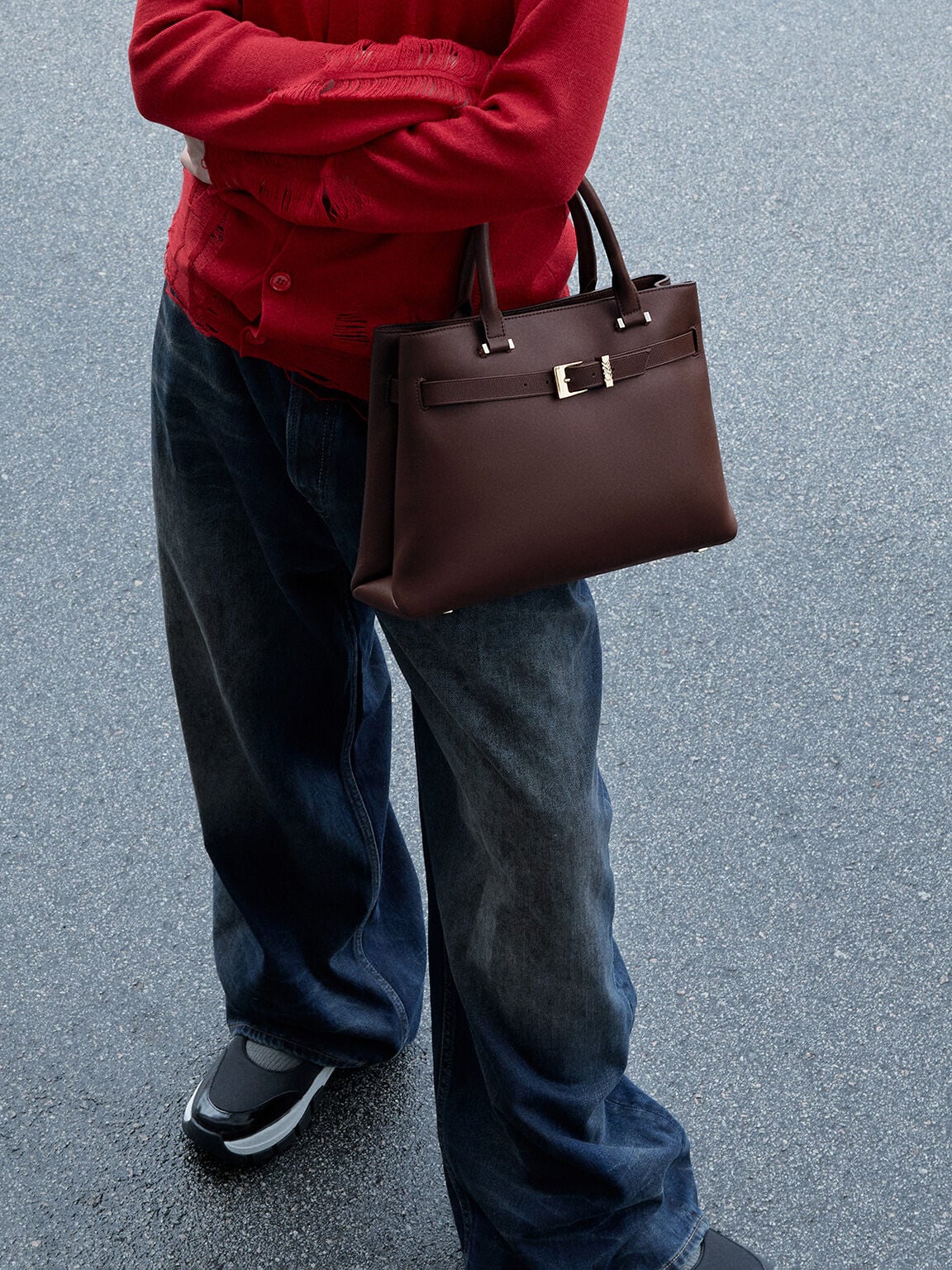 CHARLES & KEITH Best Seller | Voyager Leather Belted Tote Bag - Dark Brown