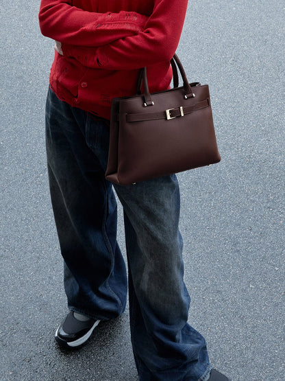 CHARLES & KEITH Best Seller | Voyager Leather Belted Tote Bag - Dark Brown