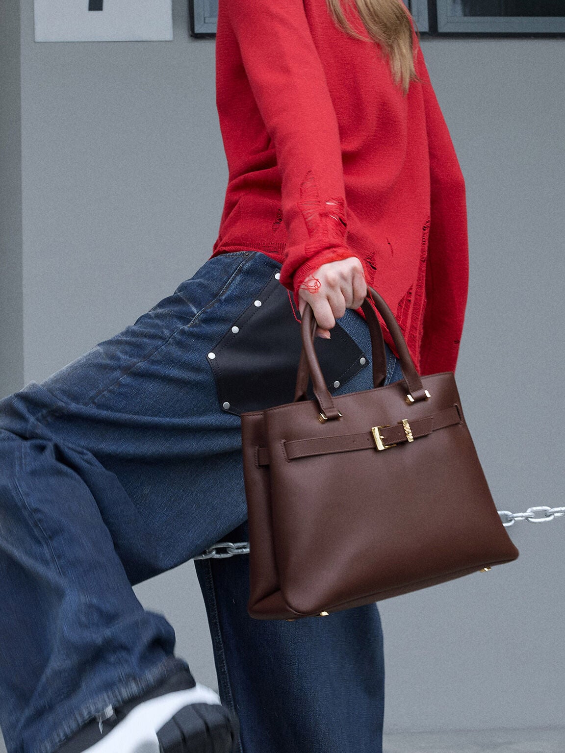 CHARLES & KEITH Best Seller | Voyager Leather Belted Tote Bag - Dark Brown