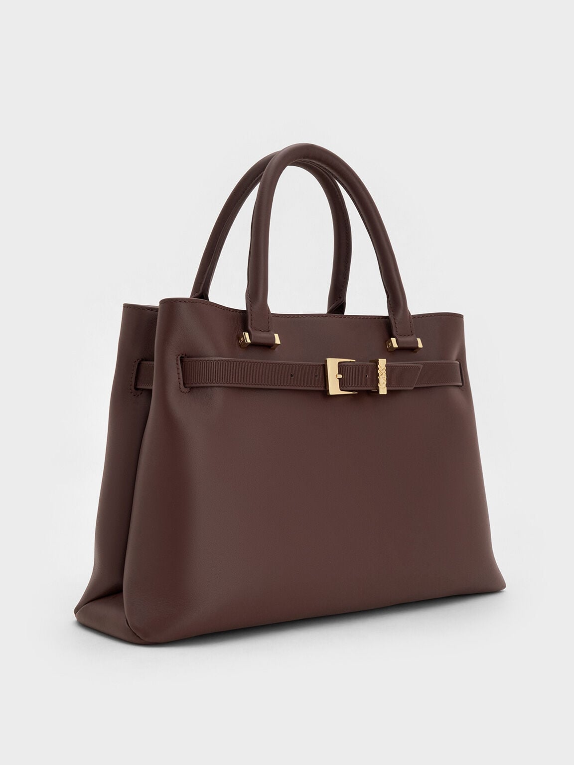 CHARLES & KEITH Best Seller | Voyager Leather Belted Tote Bag - Dark Brown