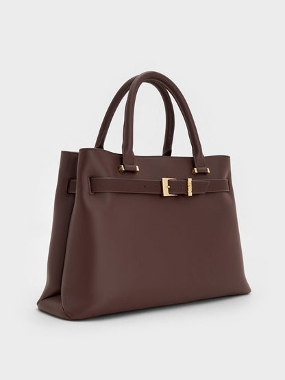 CHARLES & KEITH Best Seller | Voyager Leather Belted Tote Bag - Dark Brown