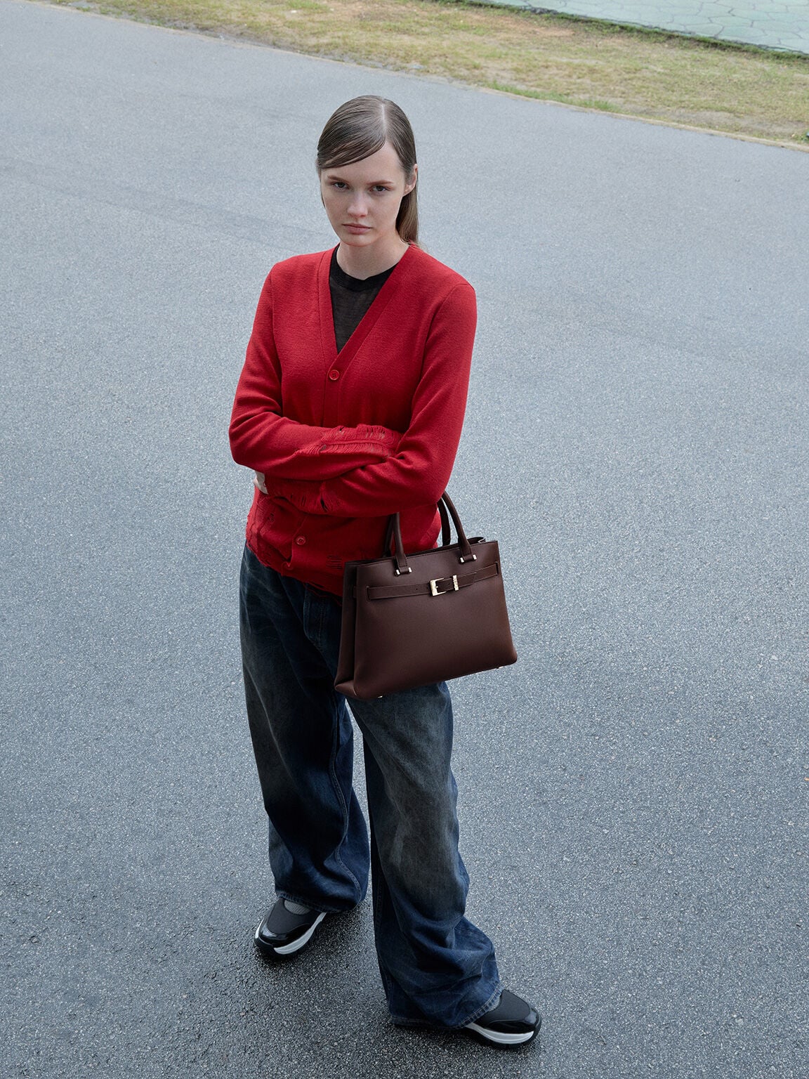 CHARLES & KEITH Best Seller | Voyager Leather Belted Tote Bag - Dark Brown