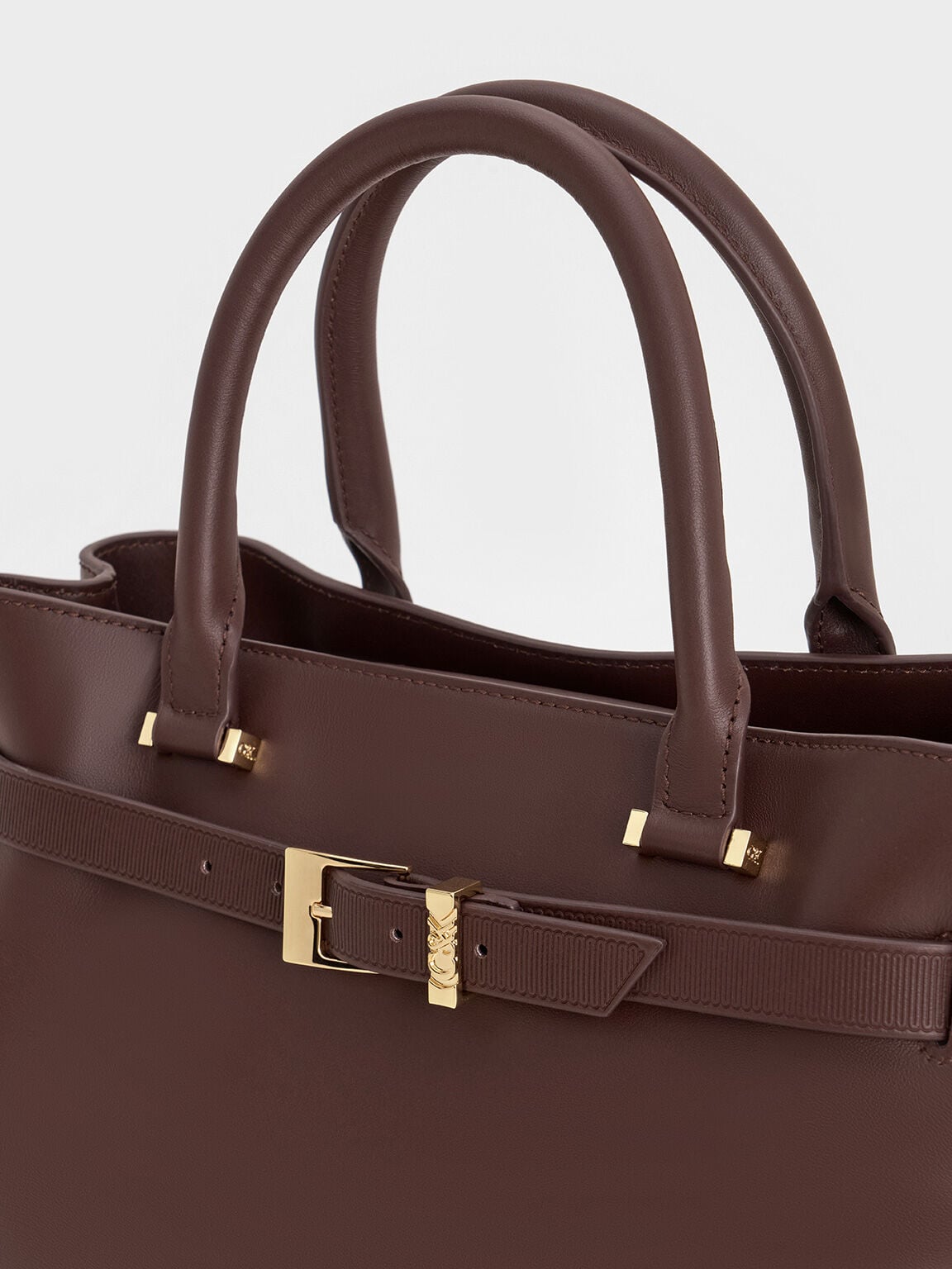 CHARLES & KEITH Best Seller | Voyager Leather Belted Tote Bag - Dark Brown