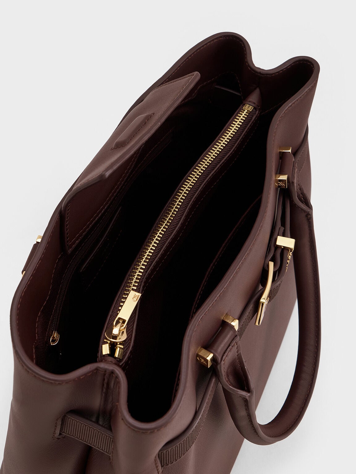 CHARLES & KEITH Best Seller | Voyager Leather Belted Tote Bag - Dark Brown