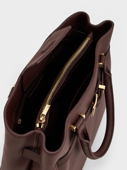 CHARLES & KEITH Best Seller | Voyager Leather Belted Tote Bag - Dark Brown