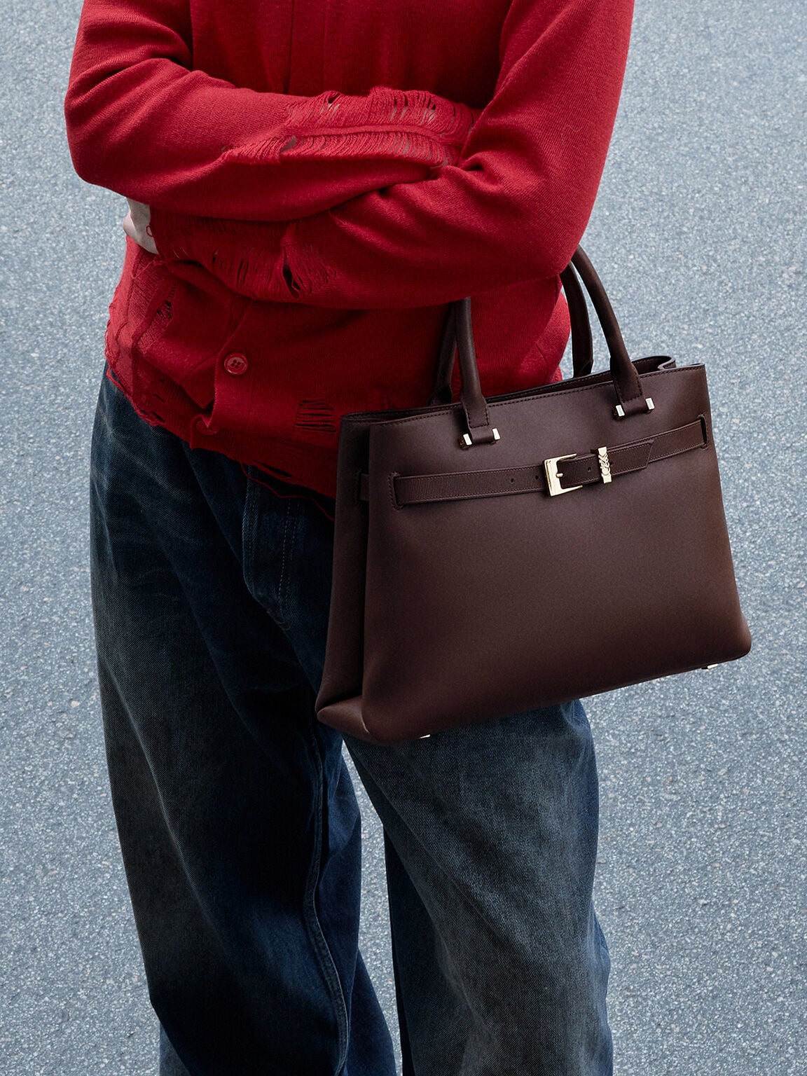 CHARLES & KEITH Best Seller | Voyager Leather Belted Tote Bag - Dark Brown