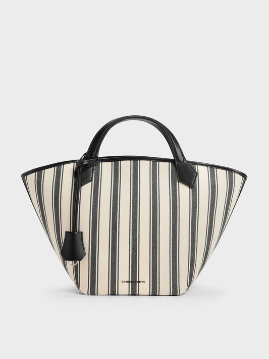 CHARLES & KEITH Quality | Large Ivanna Canvas Striped Tote Bag - Noir