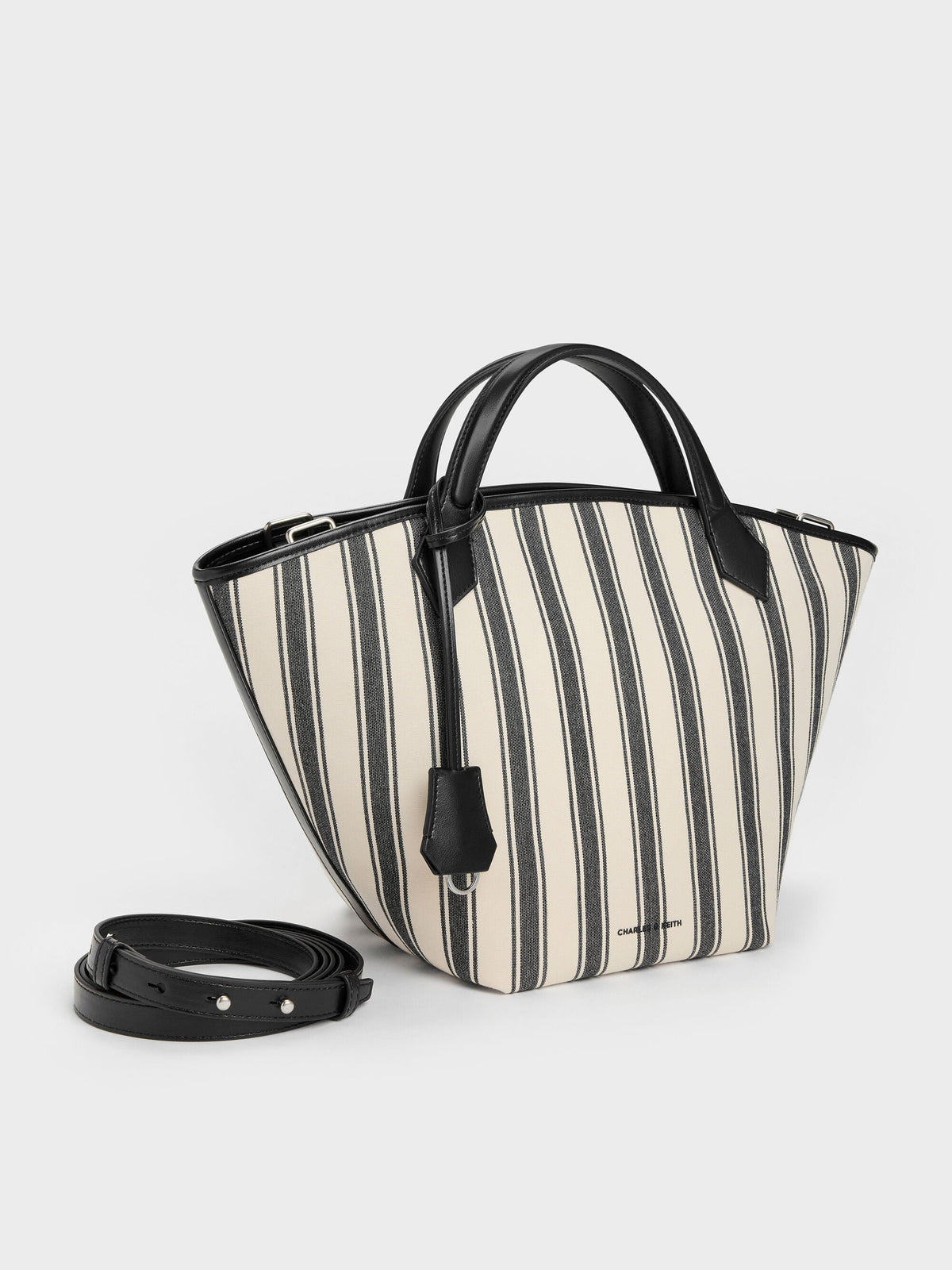 CHARLES & KEITH Quality | Large Ivanna Canvas Striped Tote Bag - Noir
