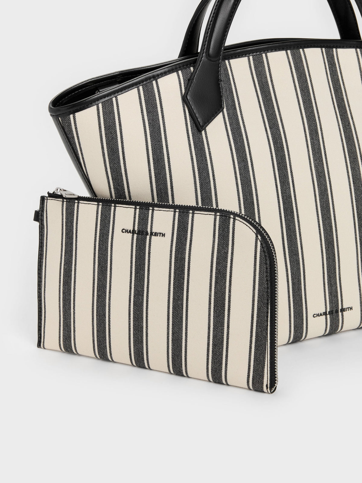 CHARLES & KEITH Quality | Large Ivanna Canvas Striped Tote Bag - Noir