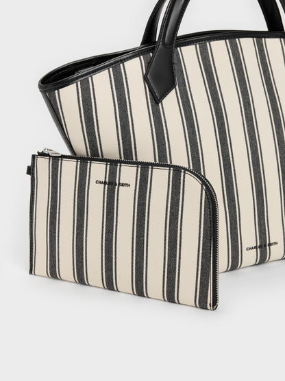 CHARLES & KEITH Quality | Large Ivanna Canvas Striped Tote Bag - Noir