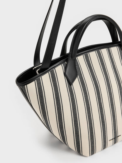 CHARLES & KEITH Quality | Large Ivanna Canvas Striped Tote Bag - Noir