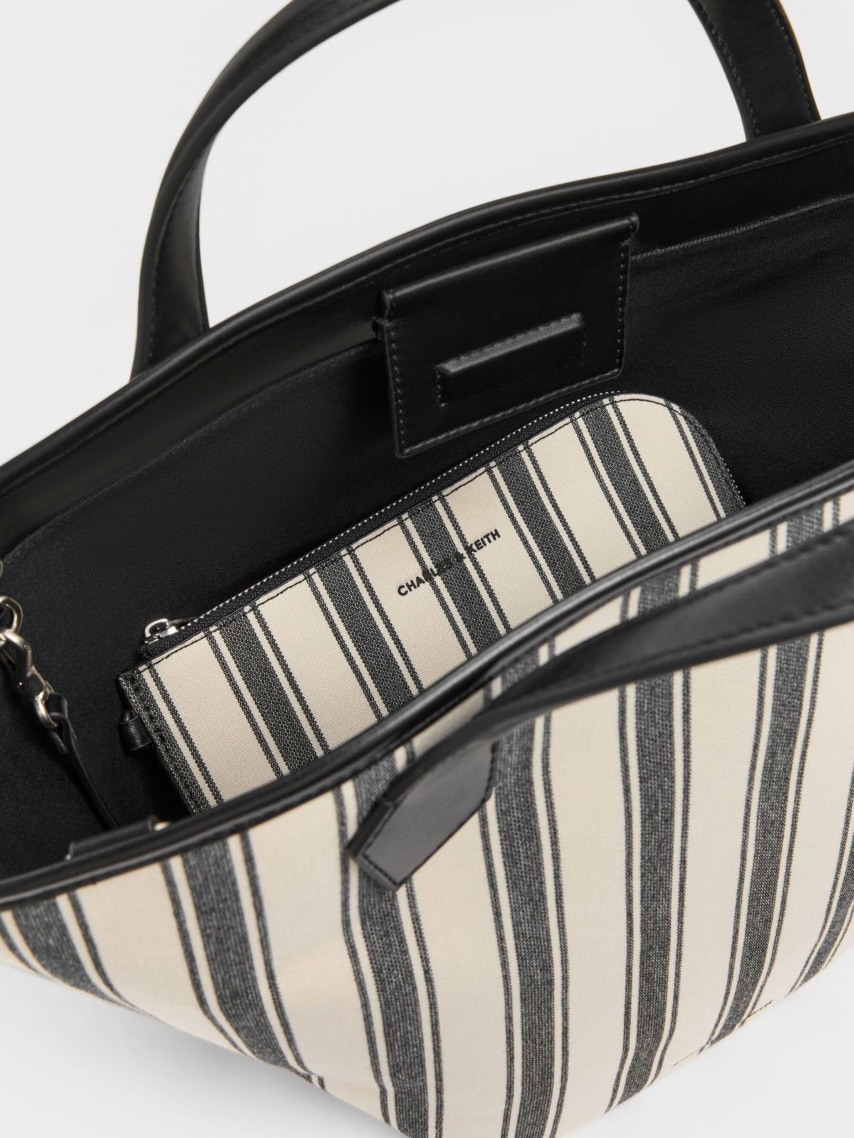 CHARLES & KEITH Quality | Large Ivanna Canvas Striped Tote Bag - Noir