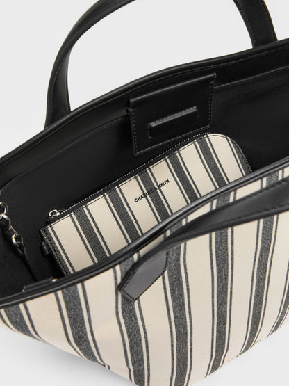 CHARLES & KEITH Quality | Large Ivanna Canvas Striped Tote Bag - Noir