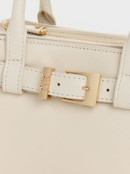 CHARLES & KEITH Recommended | Jody Leather Belted Tote Bag - Chalk